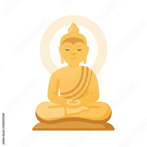 Buddha statue icon with glowing halo in flat golden style
