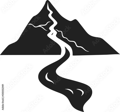 Black and white silhouette of a waterfall cascading down rocks, ideal for logos, branding, and digital artwork.