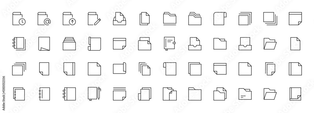 Document icon set. Paper document icons in line style. Clipboard, folder, paper, blank editable stroke outline icons collection. Document icon set. Paper document icons in line style. Clipboard, folder, paper, blank editable stroke outline icons collection.