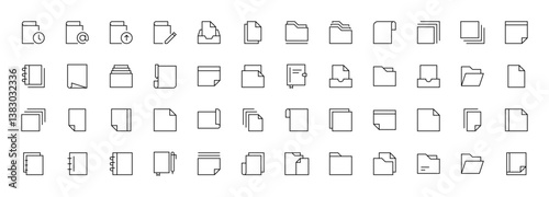Document icon set. Paper document icons in line style. Clipboard, folder, paper, blank editable stroke outline icons collection.