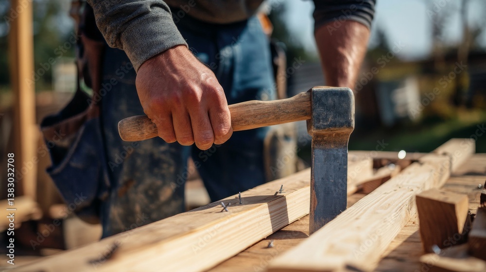 A construction worker using a hammer to drive nails at a site. Featuring precision and craftsmanship A construction worker using a hammer to drive nails at a site. Featuring precision and craftsmanship