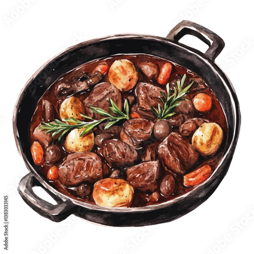 A watercolor painting of boeuf bourguignon, isolated on a white background. Boeuf bourguignon vector

