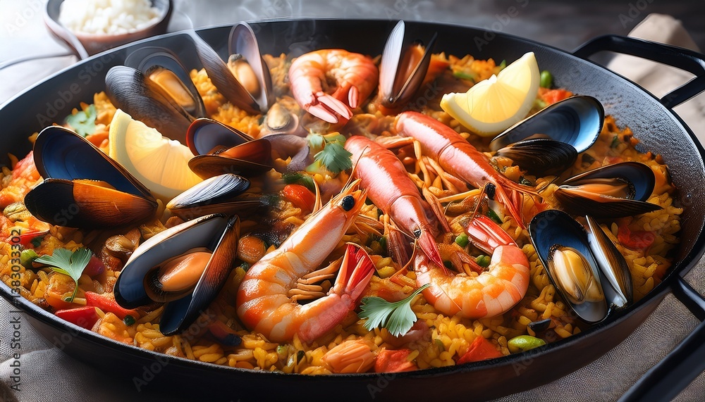 this is a colorful photo of a freshly made paella filled with vibrant seafood such as shrimp mussels and possibly clams the dish looks appetizing and rich in flavor due to the spices used this is a colorful photo of a freshly made paella filled with vibrant seafood such as shrimp mussels and possibly clams the dish looks appetizing and rich in flavor due to the spices used