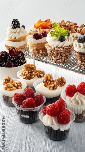 A futuristic smart dessert station displays an assortment of gourmet mini cakes and parfaits with fresh berries, nuts, and creamy toppings in elegant clear plastic cups.