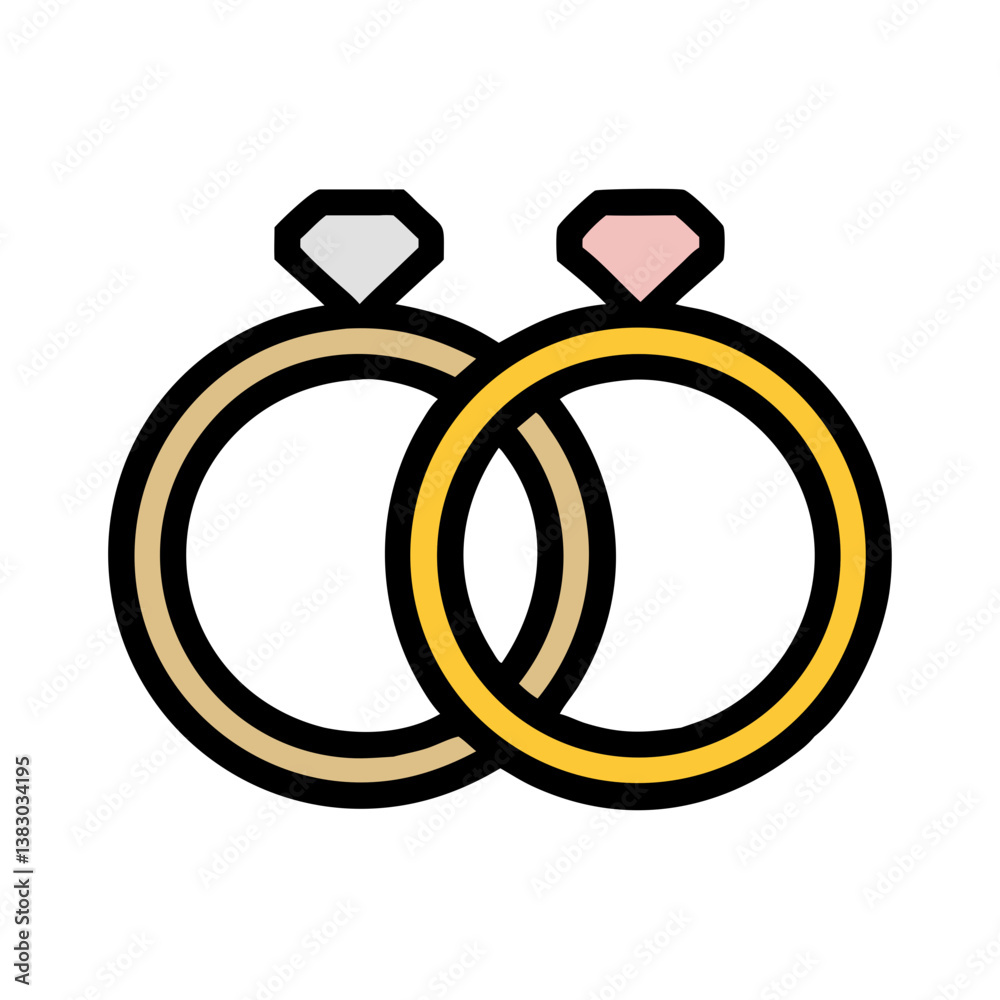 Two wedding rings with gemstones in flat outline style Two wedding rings with gemstones in flat outline style