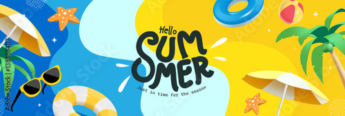 Colorful Hello Summer Banner or Poster template with Sunglasses and Tropical Elements, Vibrant Summer Sale Advertisement. Bright Summer Sale Banner