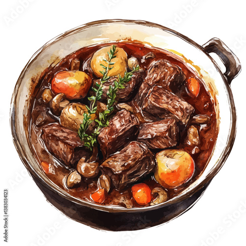 A watercolor painting of boeuf bourguignon, isolated on a white background. Boeuf bourguignon vector

