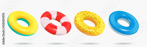 3D Inflatable swimming ring in colorful set. Rubber pool toy. Swim lifesaver. Summer time objects. Travel and vacation. Cartoon design icons isolated on white.