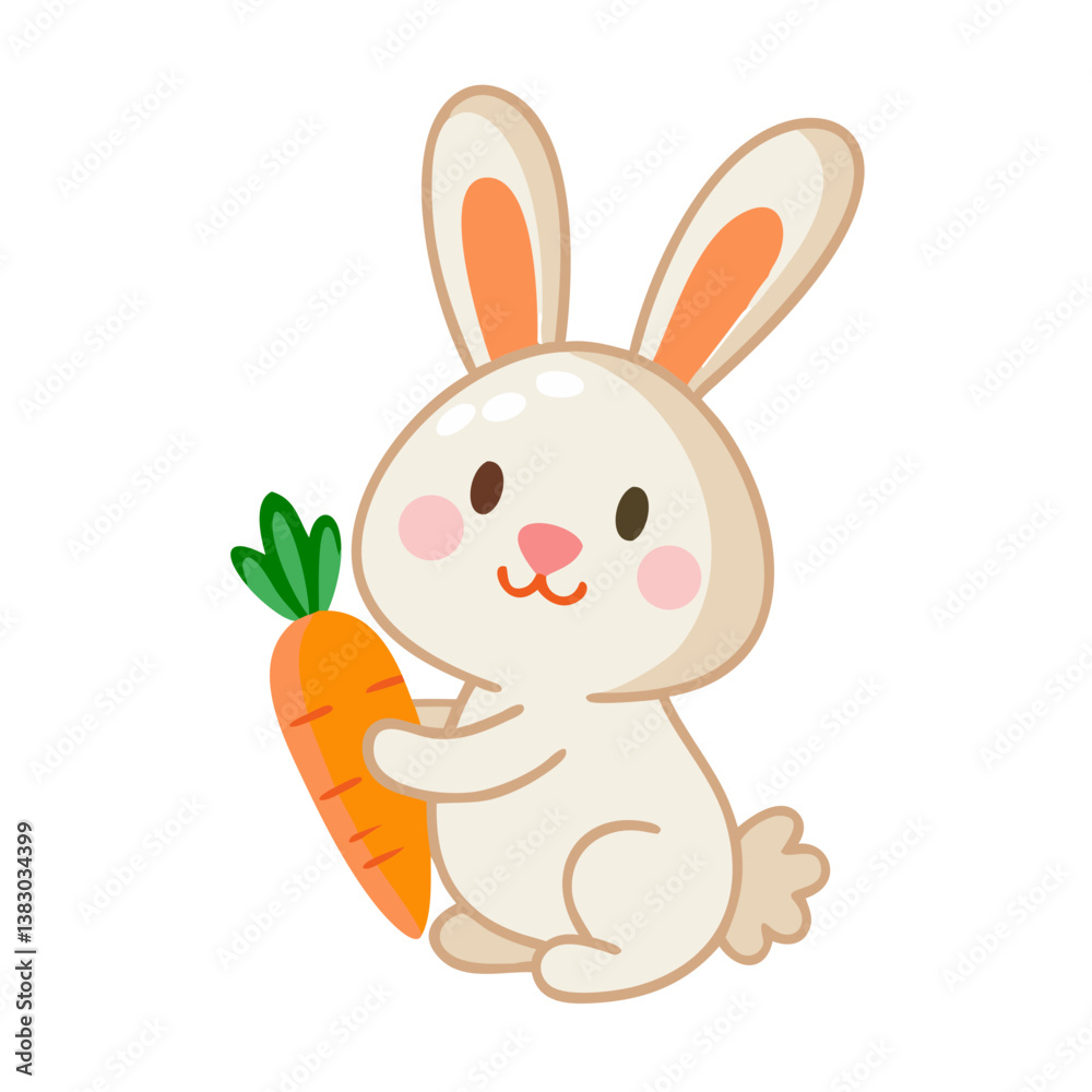 Fototapeta premium Smiling rabbit holding carrot with blushing cheeks