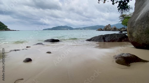 Phuket beach sea Thailand. Landscapes view of beach sea sand and sky in summer day. Beach sea space area. At Karon Beach, Phuket, Thailand. - 4K