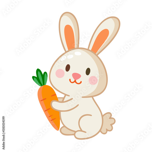 Smiling rabbit holding carrot with blushing cheeks