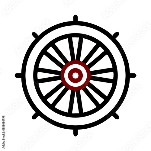 Dharma wheel icon in black and red with minimal line style