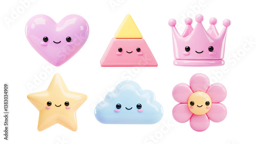 3D Pastel Cute Icons with Happy Faces Isolated on White