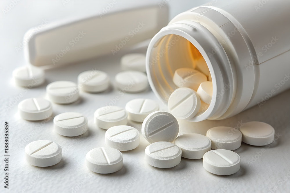 Close-Up of White Pills from Open Medicine Bottle Close-Up of White Pills from Open Medicine Bottle
