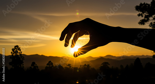 a Human Hand in Silhouette,illusion Holding the Setting Sun Like a Jewel