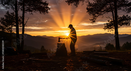 A silhouette of a man with a cap and dark clothes chopping wood with an axe on top of a mountain at sunset