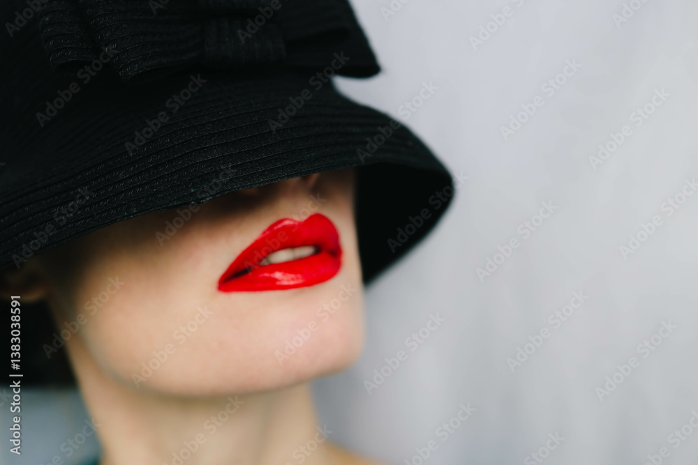 Fototapeta premium Black hat and lips with red lipstick makeup