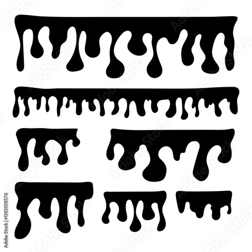 ГрафSet of vector liquid drops. Collection of dripping and hanging liquid, water, honey, milk, chocolate, paint. Drop silhouette, melted. Isolated on white background for design