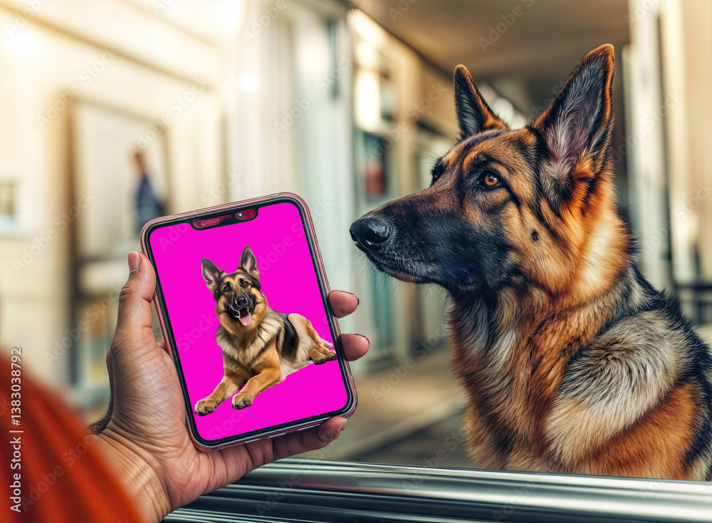 A German Shepherd watches intently as a phone displays a similar breed.