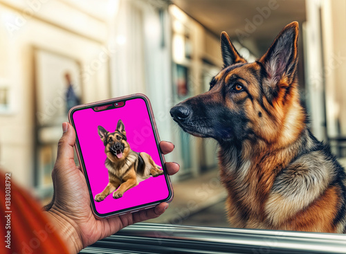 Obraz na płótnie A German Shepherd watches intently as a phone displays a similar breed. w salonie