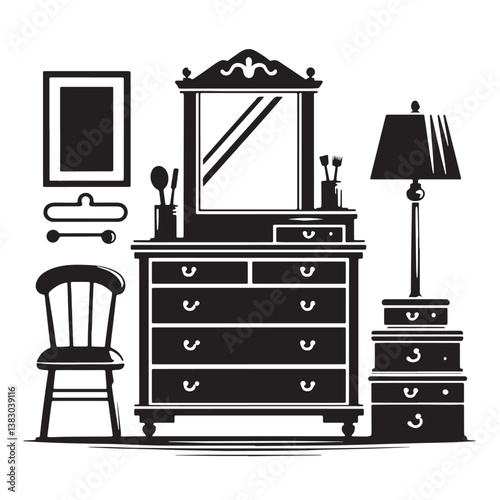 Black Color Dresser Silhouette Vector Illustration, Solid White Background