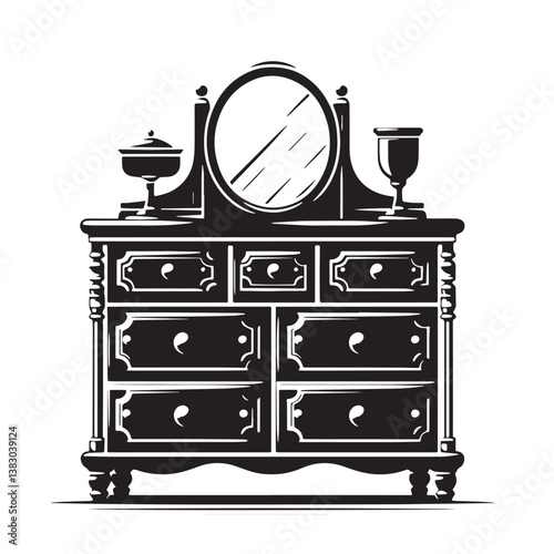 Black Color Dresser Silhouette Vector Illustration, Solid White Background