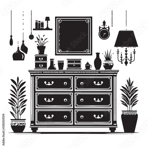 Black Color Dresser Silhouette Vector Illustration, Solid White Background