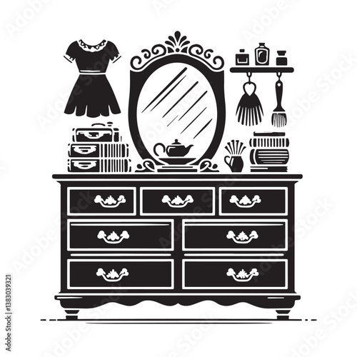 Black Color Dresser Silhouette Vector Illustration, Solid White Background