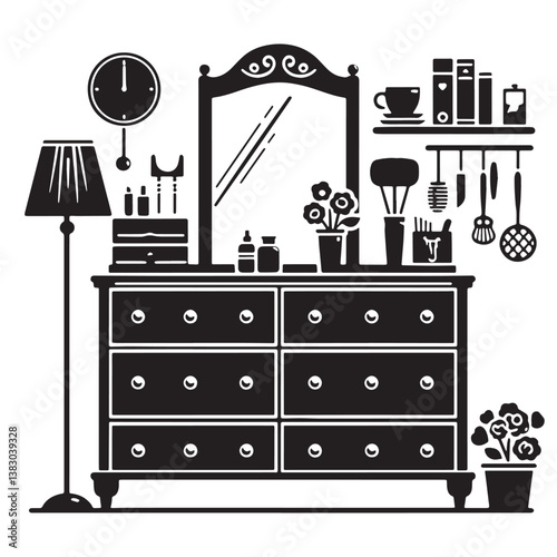 Black Color Dresser Silhouette Vector Illustration, Solid White Background