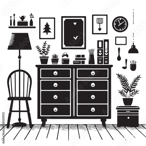 Black Color Dresser Silhouette Vector Illustration, Solid White Background