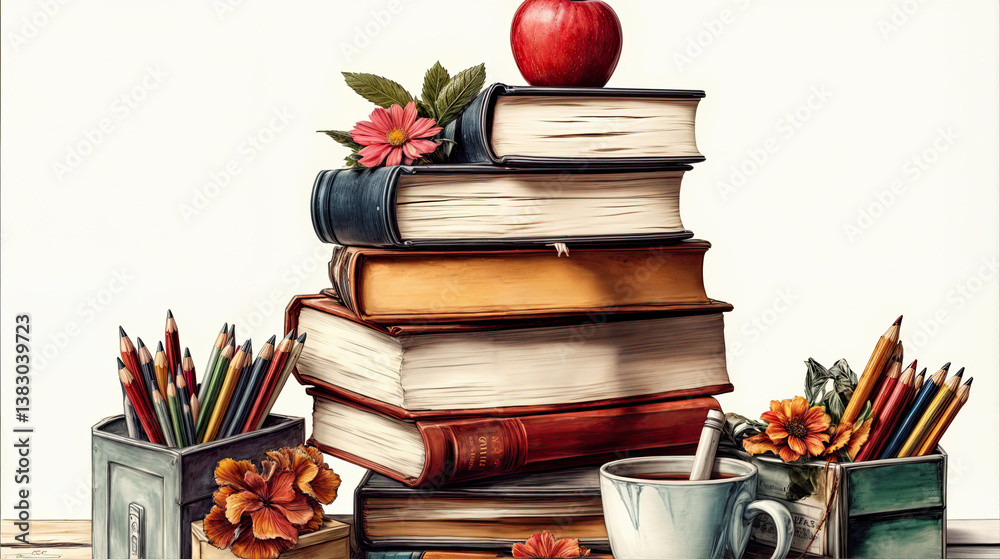A still life arrangement featuring a towering stack of books, accented by a cup of tea and colorful pencils.