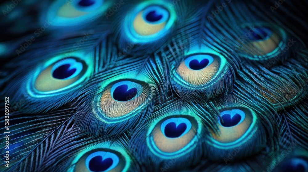Obraz premium Close-up peacock feathers displaying vibrant blue, teal, and gold iridescent hues.