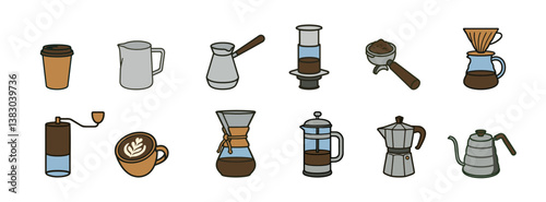 Coffee Brewing Methods and Equipment Icons. Vector