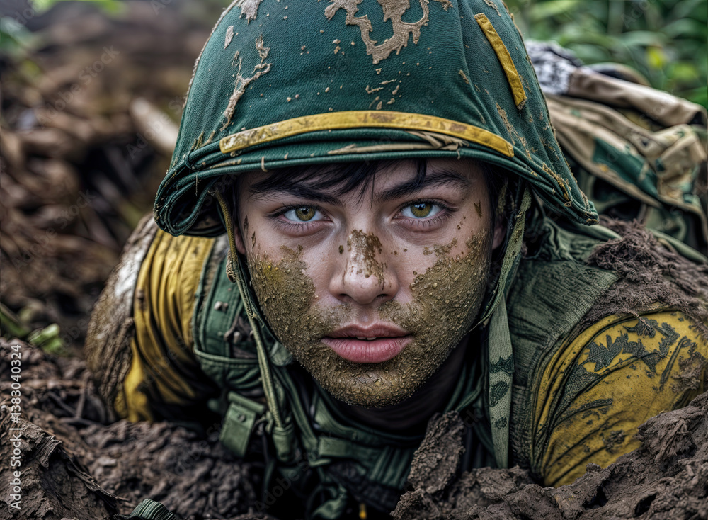 Focused gaze and weathered features of a soldier engaged in a challenging training exercise.