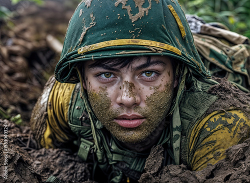 Obraz na płótnie Focused gaze and weathered features of a soldier engaged in a challenging training exercise. w salonie