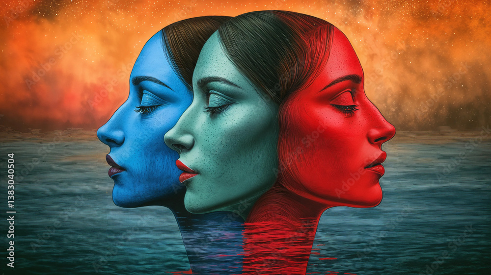 A captivating portrait of three women, their faces in profile, each with a distinct color palette—blue, teal, and red—reflecting in the water below.