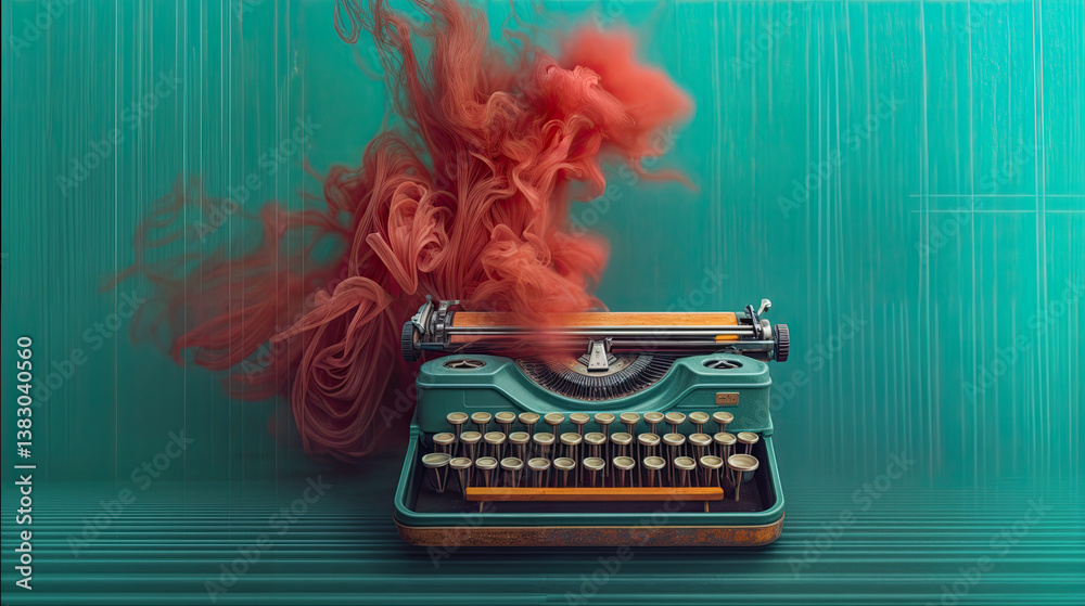 Crimson ink bursts around a classic teal typewriter, a visual representation of the power of written words.