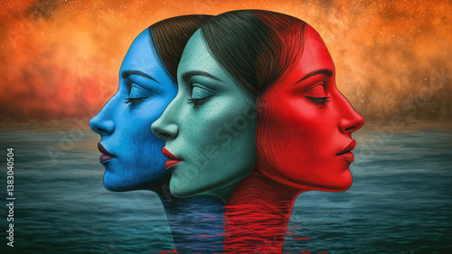 Obraz na płótnie A captivating portrait of three women, their faces in profile, each with a distinct color palette—blue, teal, and red—reflecting in the water below. w salonie