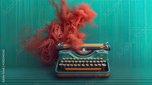 Obraz na płótnie Crimson ink bursts around a classic teal typewriter, a visual representation of the power of written words. w salonie