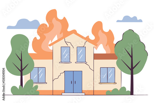 Vector illustration of a house engulfed in fierce flames, intense fire and burning roof