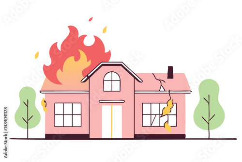Vector illustration of a house engulfed in fierce flames, intense fire and burning roof