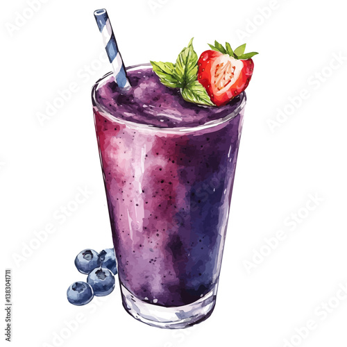 A watercolor painting of an acai smoothie, isolated on a white background. Acai smoothie vector


