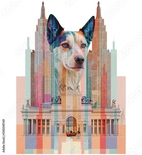a highly stylized and surreal digital art piece featuring a dog's face superimposed over a cityscape with iconic buildings and statues. The colors are vibrant and the overall effect is dreamlike 