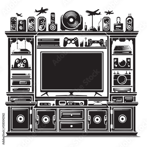 Black Color Entertainment Center Silhouette Vector Illustration, Solid White Background