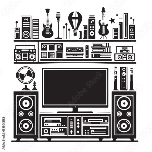 Black Color Entertainment Center Silhouette Vector Illustration, Solid White Background