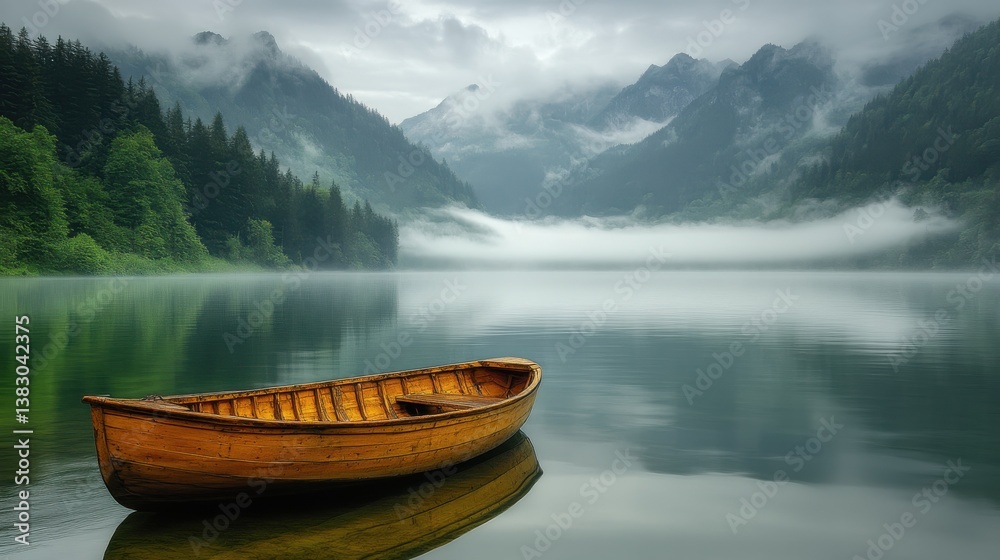 A small boat sits in a lake surrounded by mountains A small boat sits in a lake surrounded by mountains