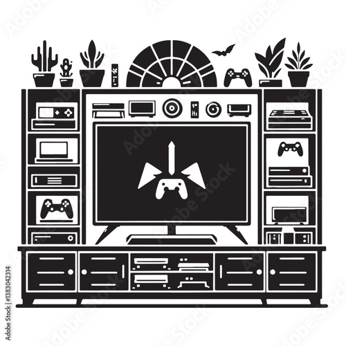 Black Color Entertainment Center Silhouette Vector Illustration, Solid White Background