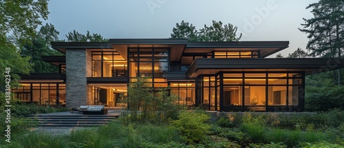 Modern home with large windows and natural surroundings, ideal for interior design and architectural projects.