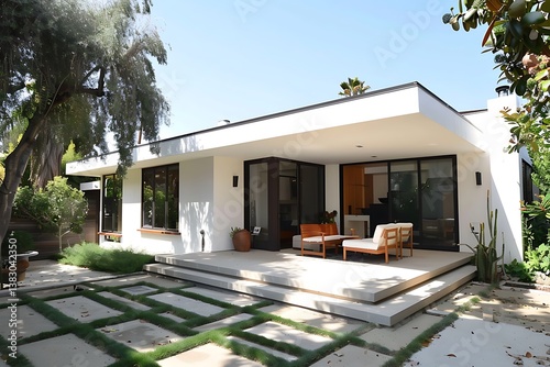 A compact house with a sleek flat roof and clean white stucco exterior.

