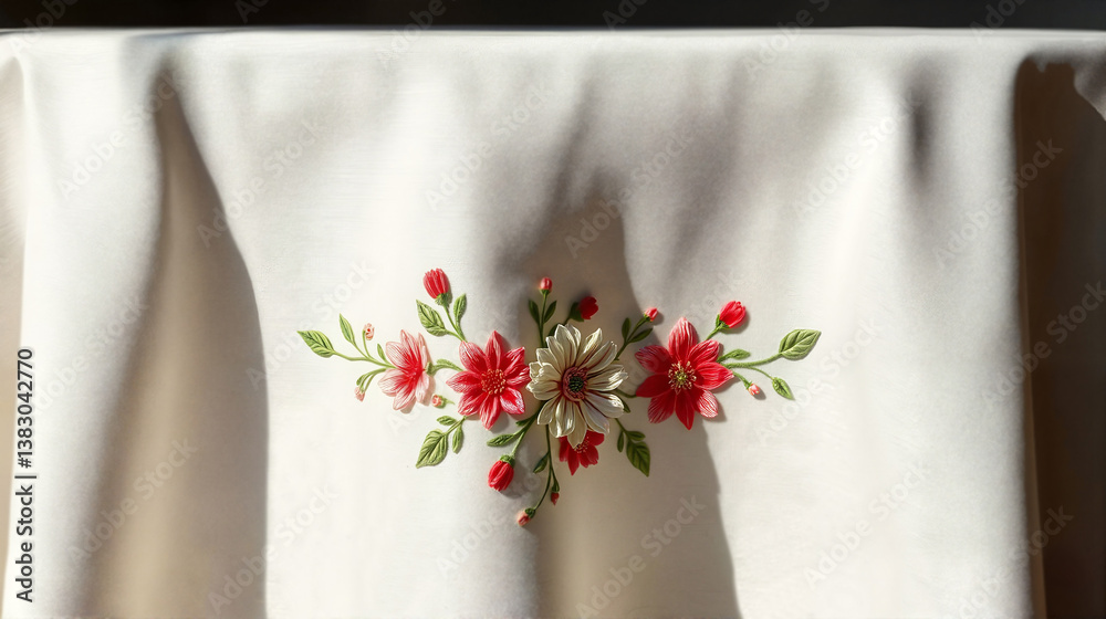 Close-up of beautifully embroidered floral design on a soft fabric surface Close-up of beautifully embroidered floral design on a soft fabric surface